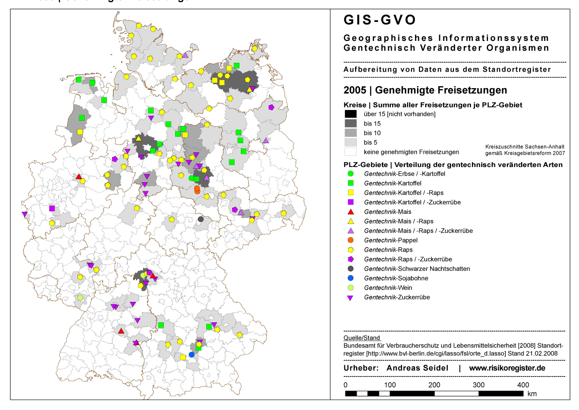 Genehmigte Freisetzungen der gentechnisch vernderten Arten Kartoffel, Mais, Raps, Zuckerrbe, Gerste, Erbse, Pappel, Petunie, Schwarzer Nachtschatten, Sojabohne, Sommerraps, Tabak, Wein, Weizen, Winterweizen 2005 laut Standortregister BVL