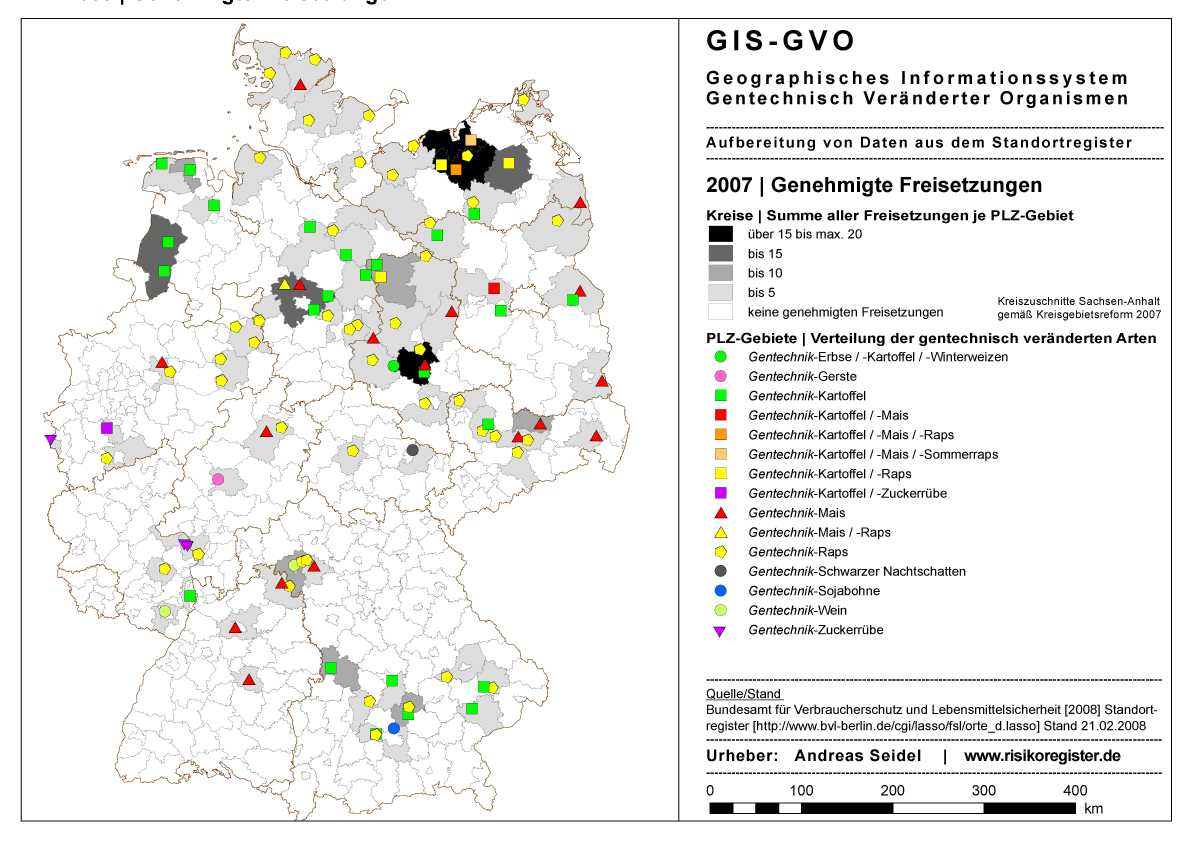 Genehmigte Freisetzungen der gentechnisch vernderten Arten Kartoffel, Mais, Raps, Zuckerrbe, Gerste, Erbse, Pappel, Petunie, Schwarzer Nachtschatten, Sojabohne, Sommerraps, Tabak, Wein, Weizen, Winterweizen 2007 laut Standortregister BVL