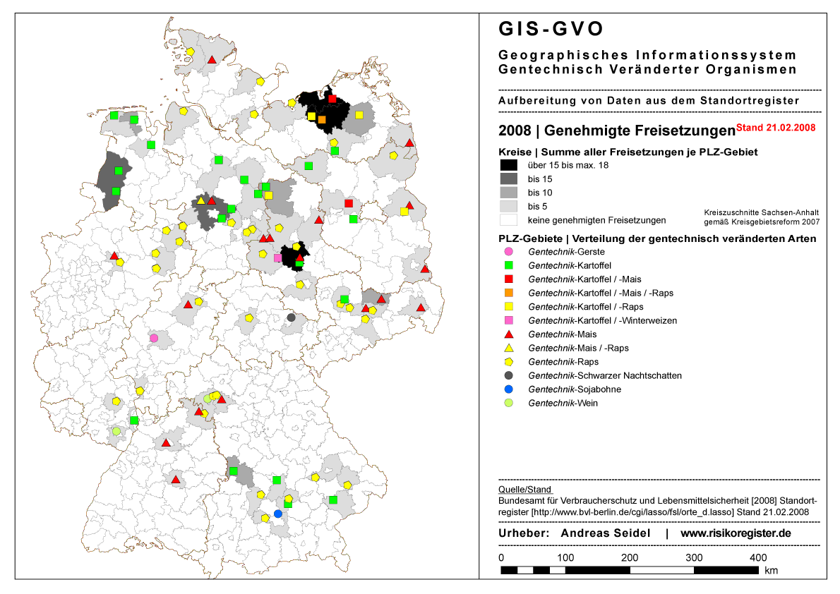 Genehmigte Freisetzungen der gentechnisch vernderten Arten Kartoffel, Mais, Raps, Zuckerrbe, Gerste, Erbse, Pappel, Petunie, Schwarzer Nachtschatten, Sojabohne, Sommerraps, Tabak, Wein, Weizen, Winterweizen 2008 laut Standortregister BVL