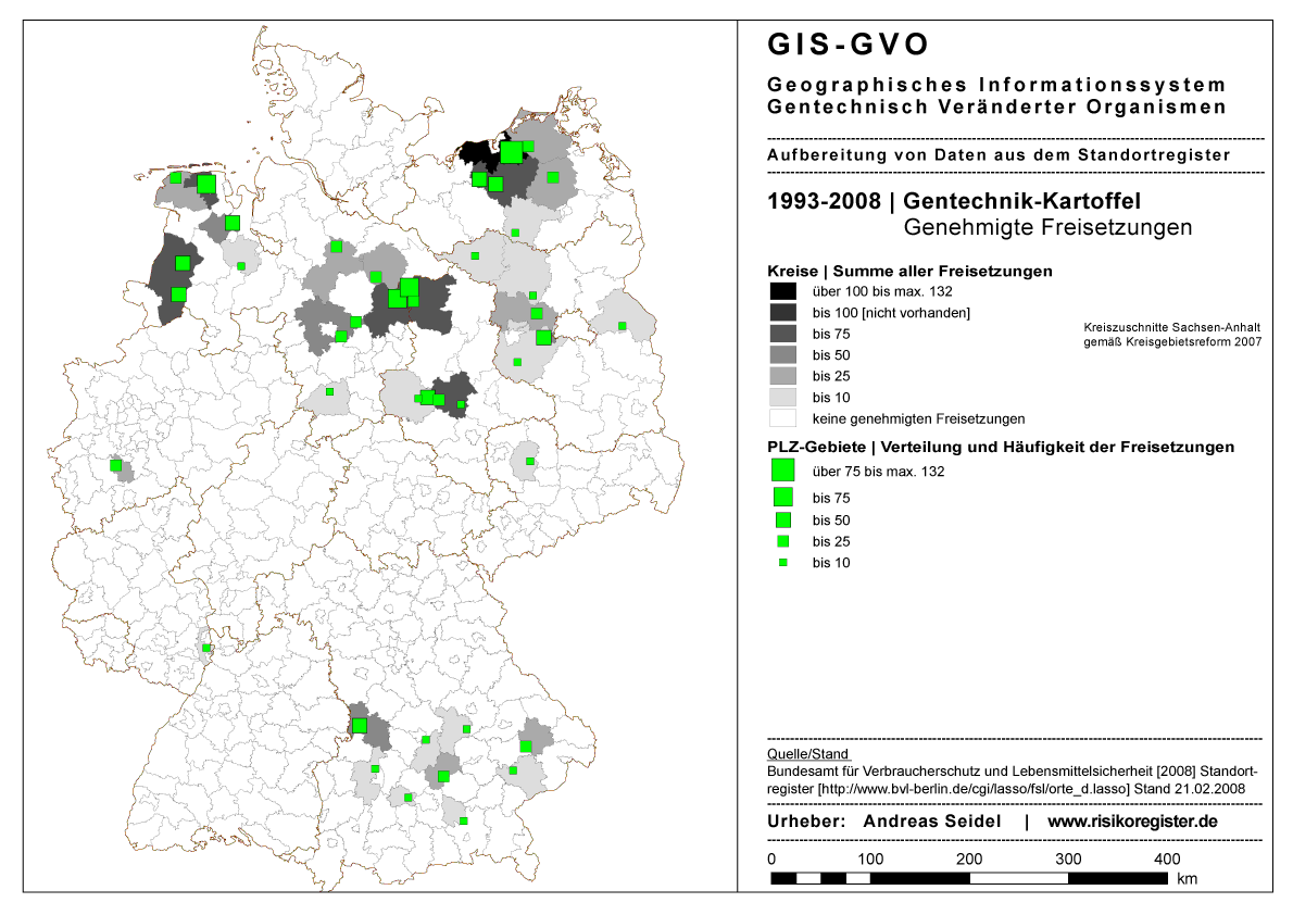 Genehmigte Freisetzungen von Gentechnik-Kartoffel 1993-2008 laut Standortregister BVL