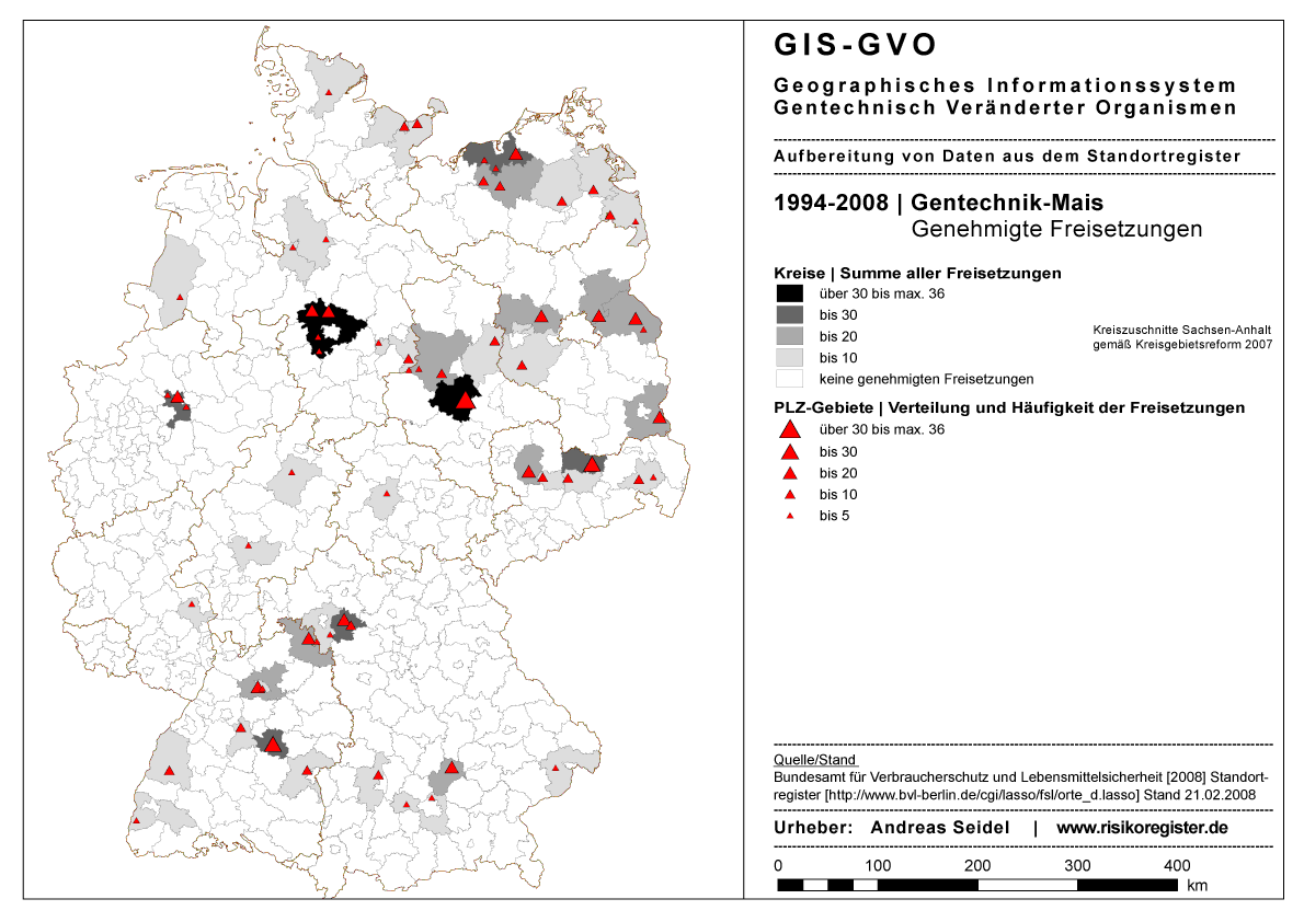 Genehmigte Freisetzungen von Gentechnik-Mais 1994-2008 laut Standortregister BVL