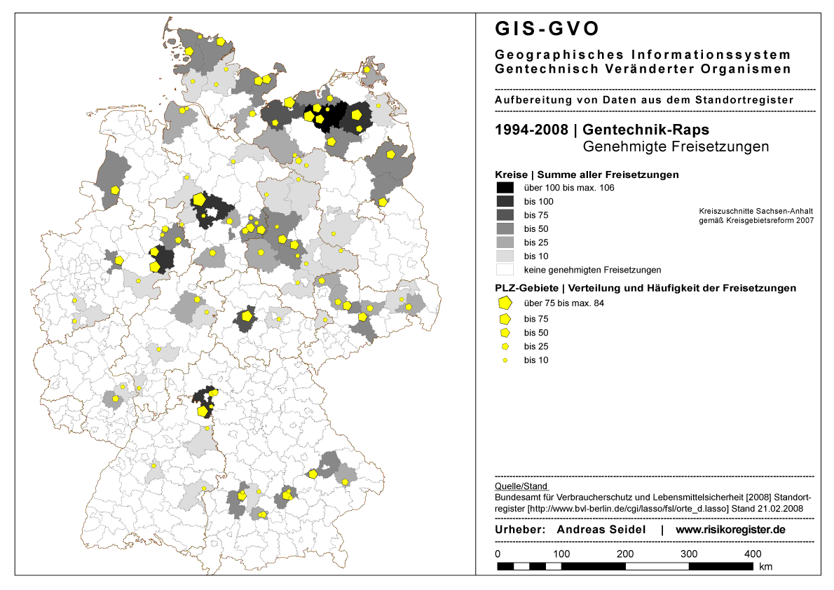 Genehmigte Freisetzungen von Gentechnik-Raps 1994-2008 laut Standortregister BVL